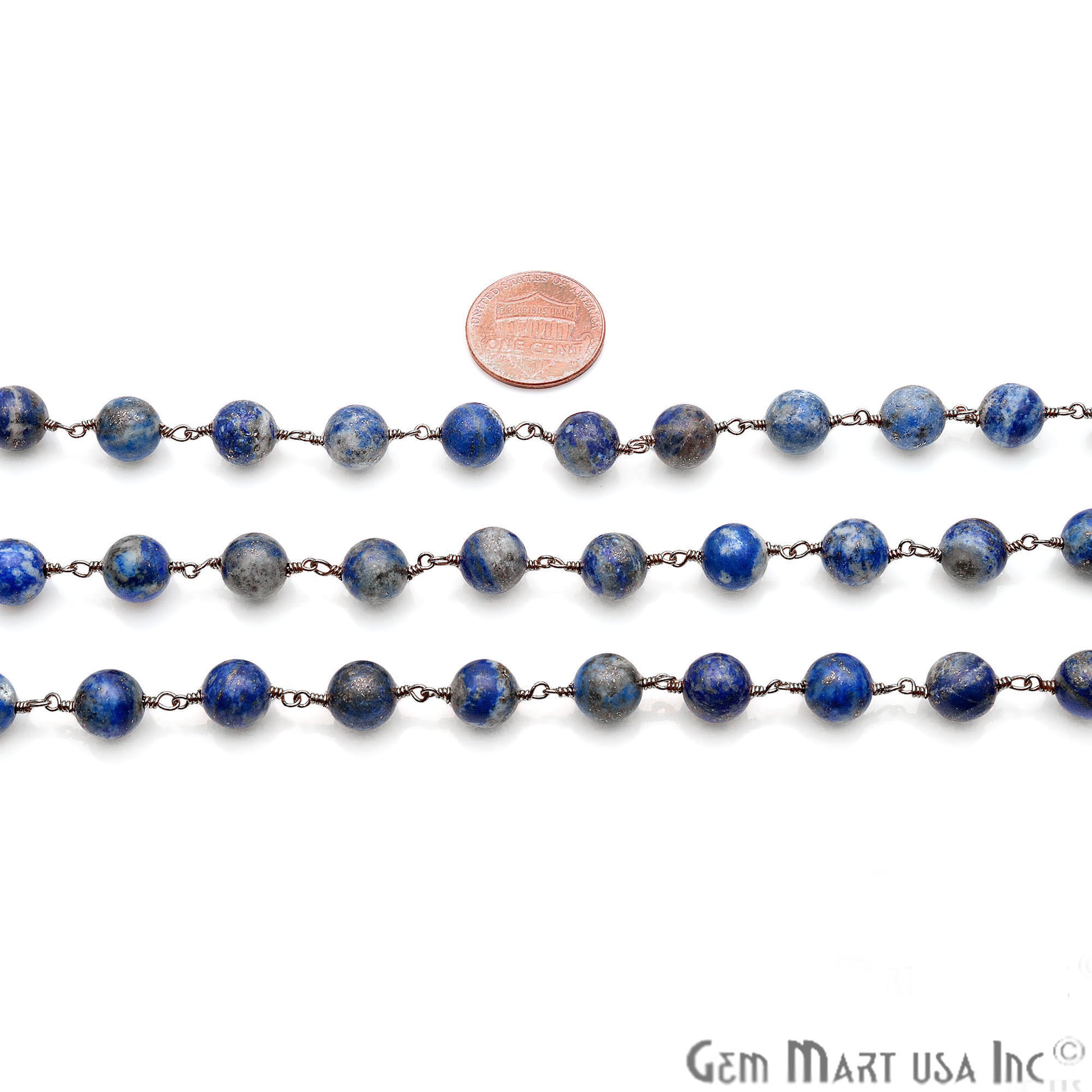 Lapis Smooth Beads 8mm Oxidized Wire Wrapped Gemstone Rosary Chain - GemMartUSA