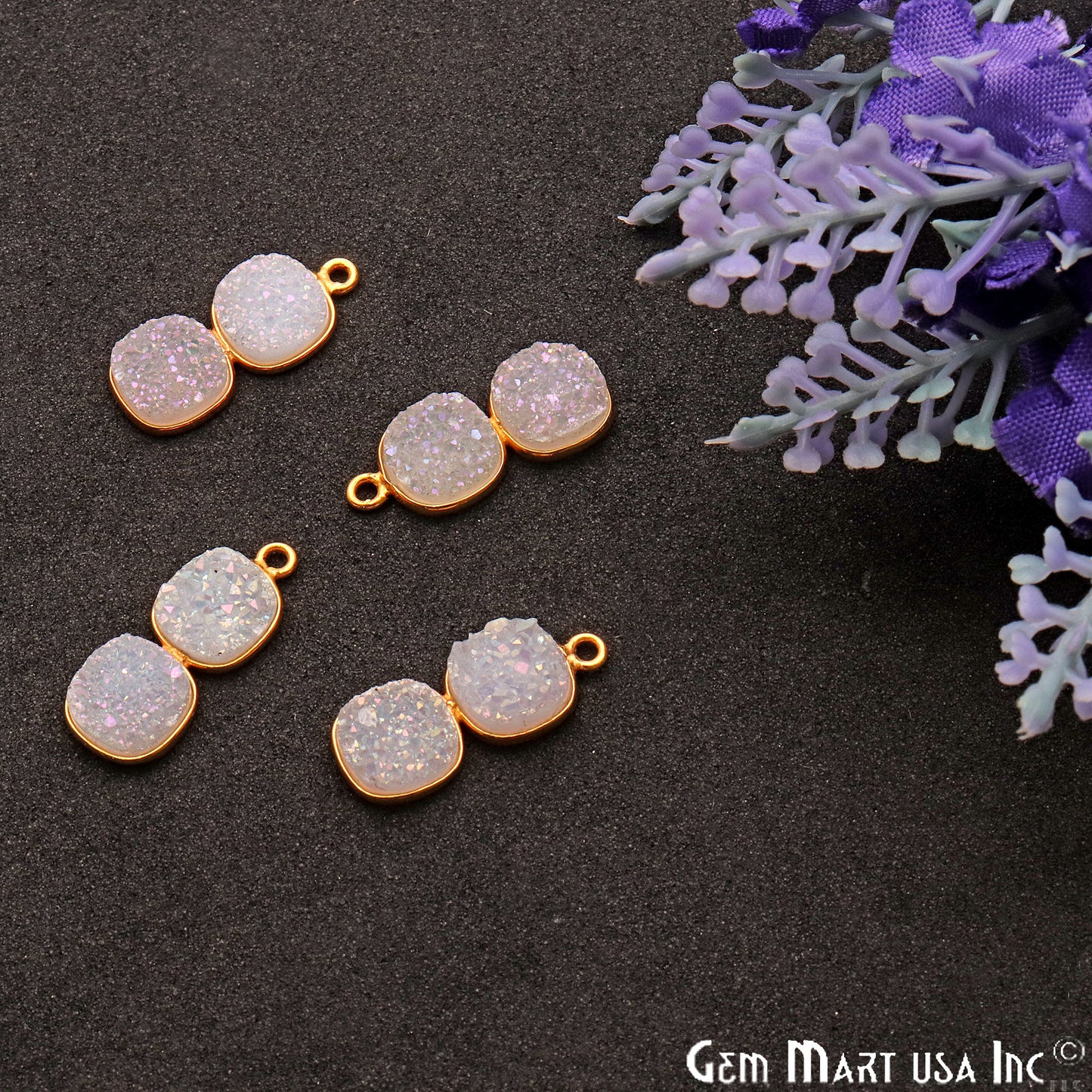 DIY Cushion Druzy Component 22x9mm Gold Plated Gemstone Connector (Pick Color) - GemMartUSA