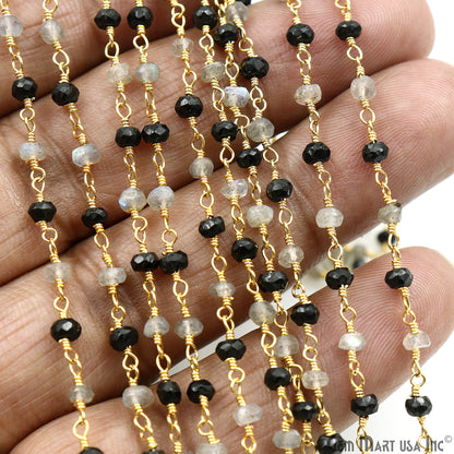 Black Spinel & Labradorite 3-3.5mm Gold Plated Faceted Beads Wire Wrapped Rosary Chain