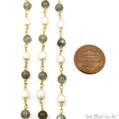 Labradorite Cabochon With Pearl Oval Gold Wire Wrapped Rosary Chain