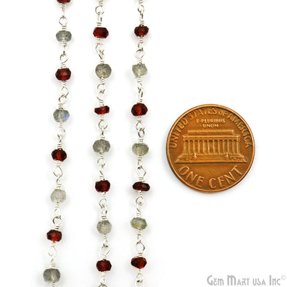 Garnet & Labradorite Faceted Beads 3-3.5mm Silver Plated Gemstone Rosary Chain