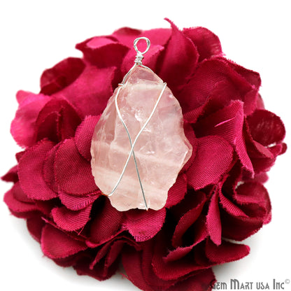 Rose Quartz Rough Gemstone 34x10mm Wire Wrapped Necklace Pendant