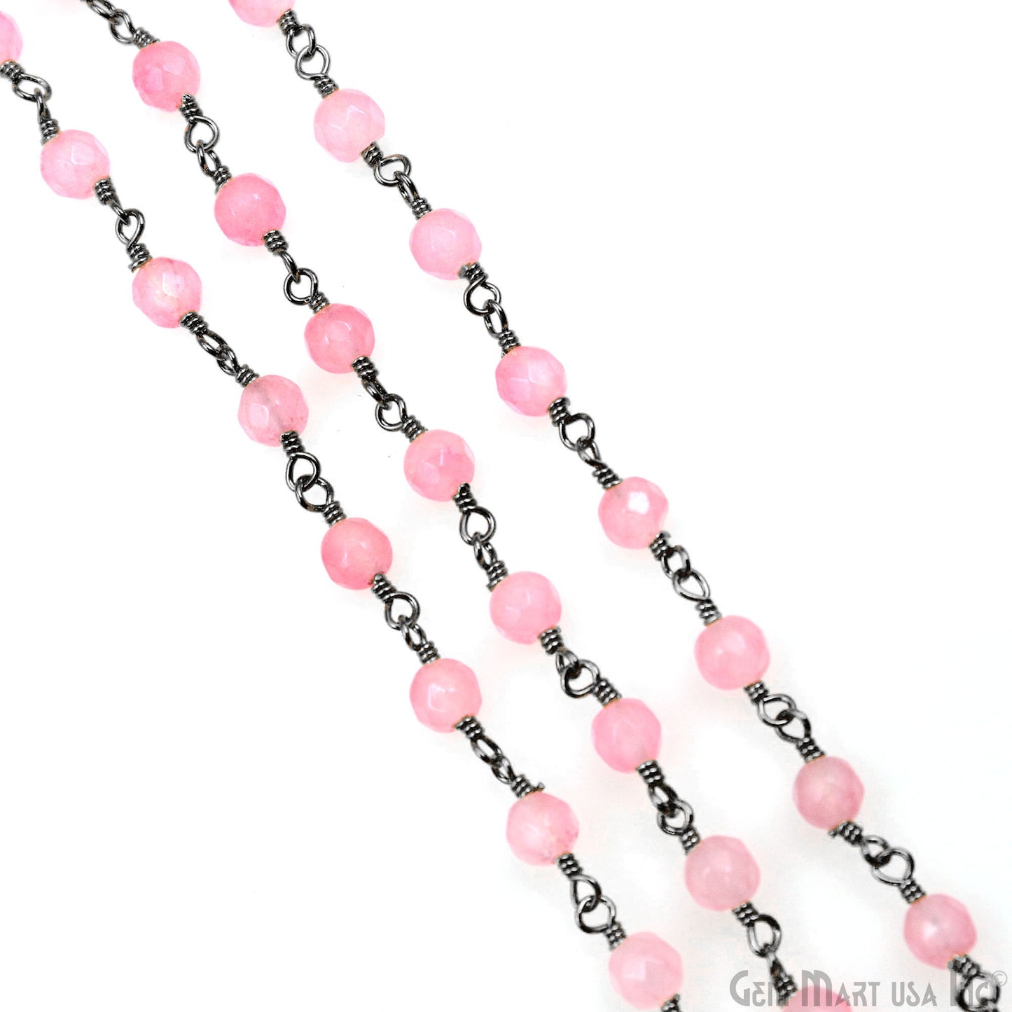 Light Pink Jade Faceted Beads 4mm Oxidized Wire Wrapped Rosary Chain