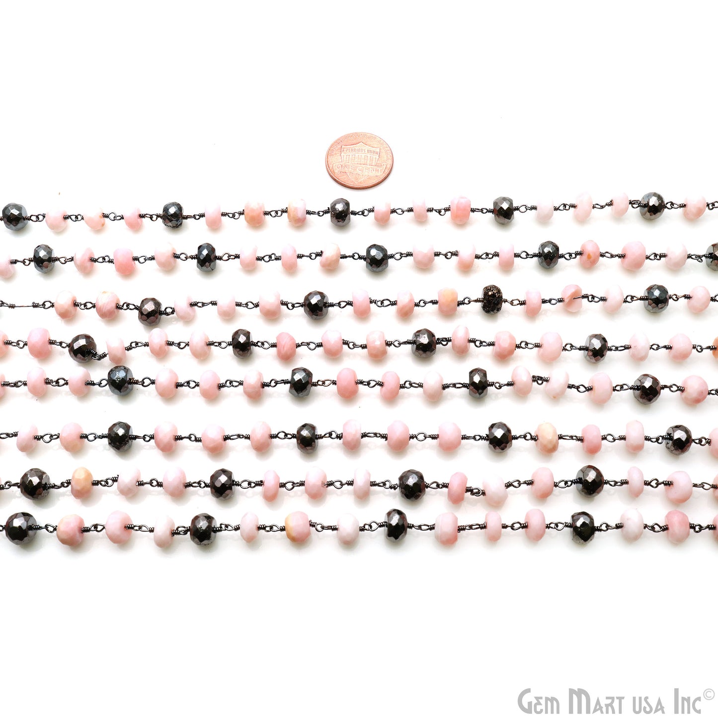 Pink Opal & Black Pyrite Rondelle Bead Oxidized Wire Wrapped Rosary Chain