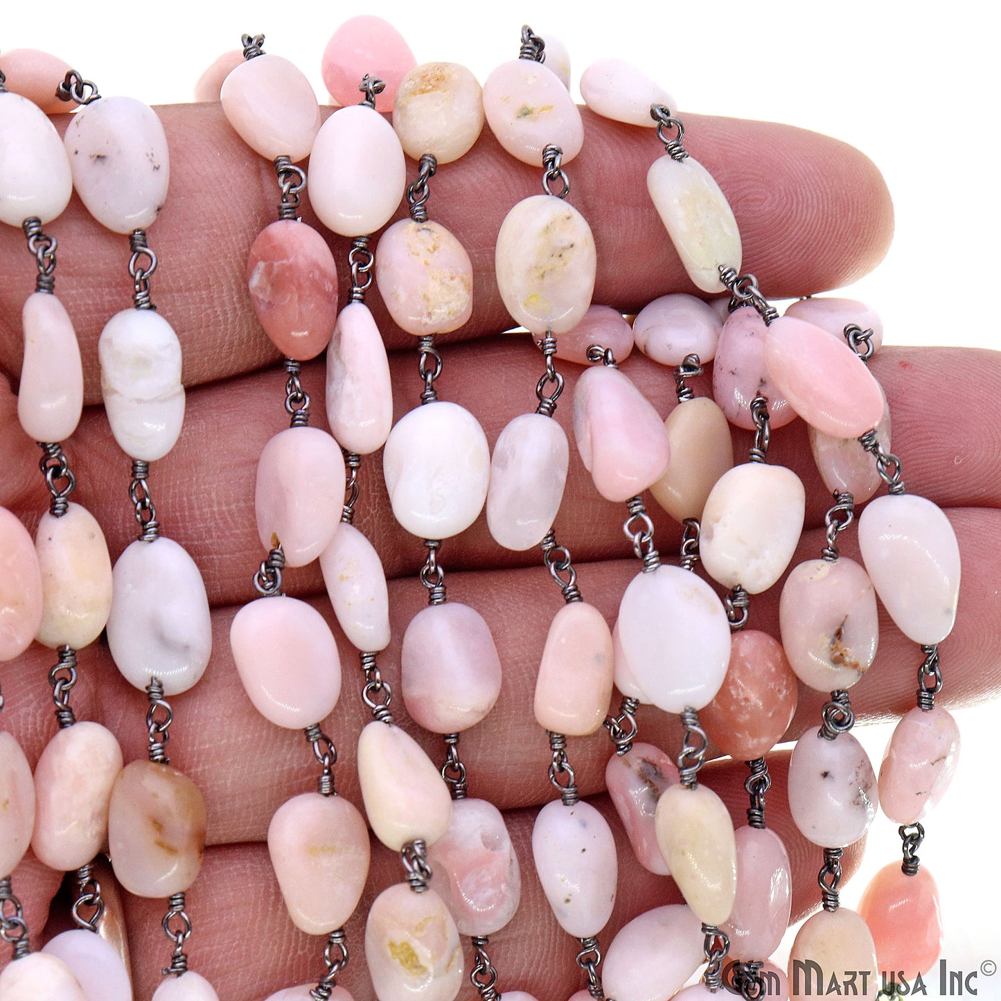 Pink Opal 12x5mm Tumble Beads Oxidized Wire Wrapped Rosary Chain