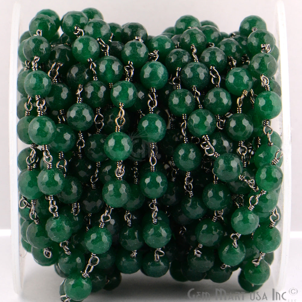 Green Jade Faceted Beads 8mm Oxidized Wire Wrapped Rosary Chain - GemMartUSA