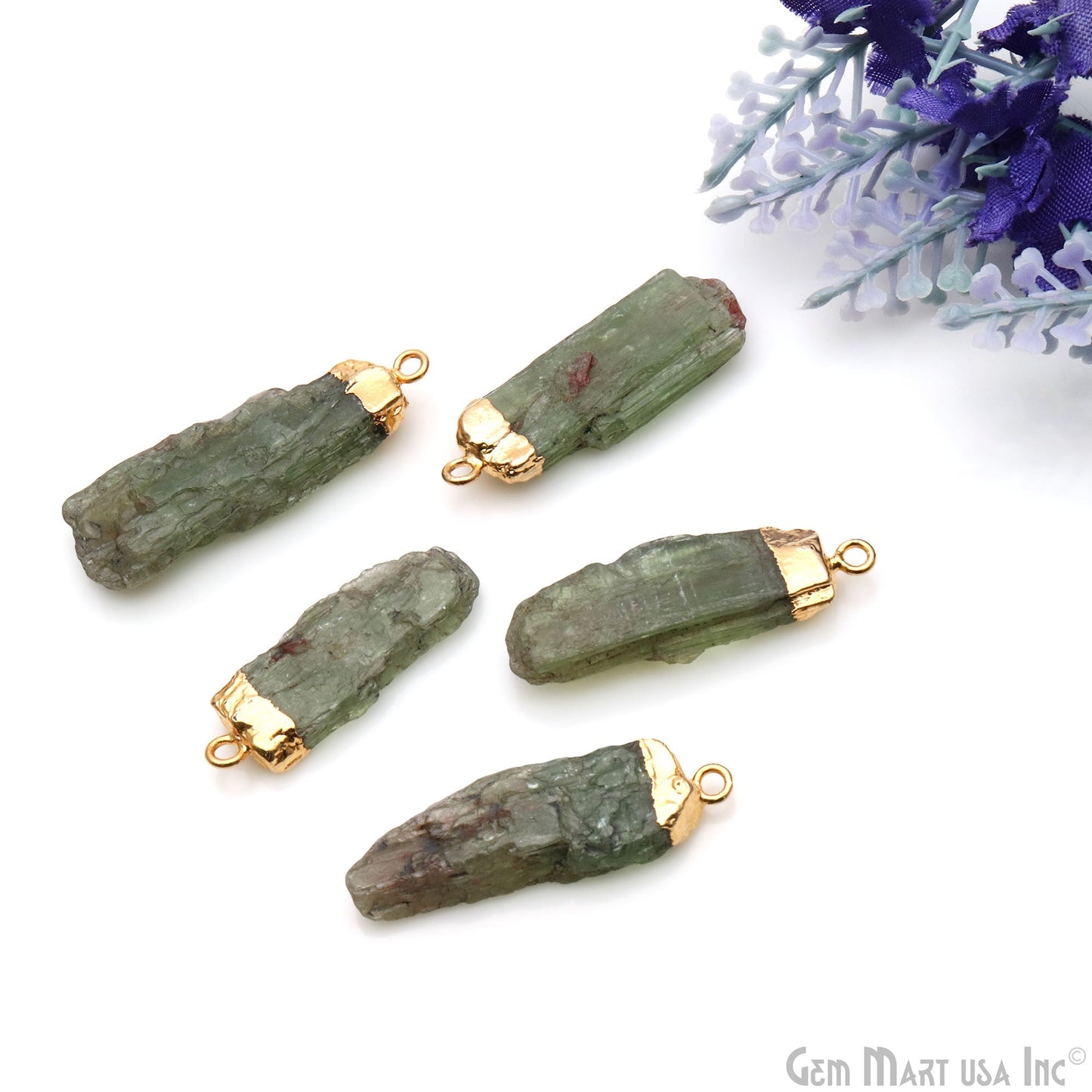 Green Kyanite Gemstone 34x10mm Organic Shape Gold Edged Single Bail Connector Charm