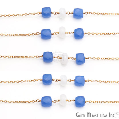 Rainbow Moonstone 8-9mm Blue Chalcedony 7-8mm Beaded Gold Plated Wire Wrapped Rosary Chain