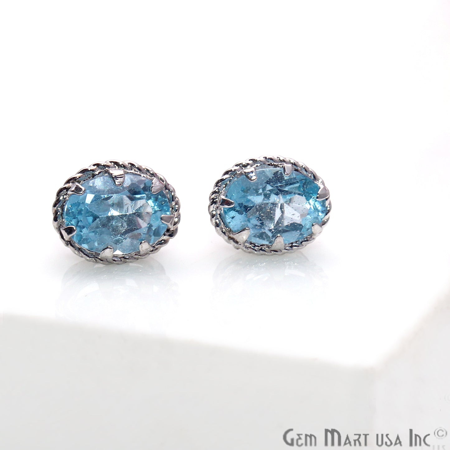 Blue Topaz 6x8mm Sterling Silver Oval Shape Prong Setting Stud Earring - GemMartUSA
