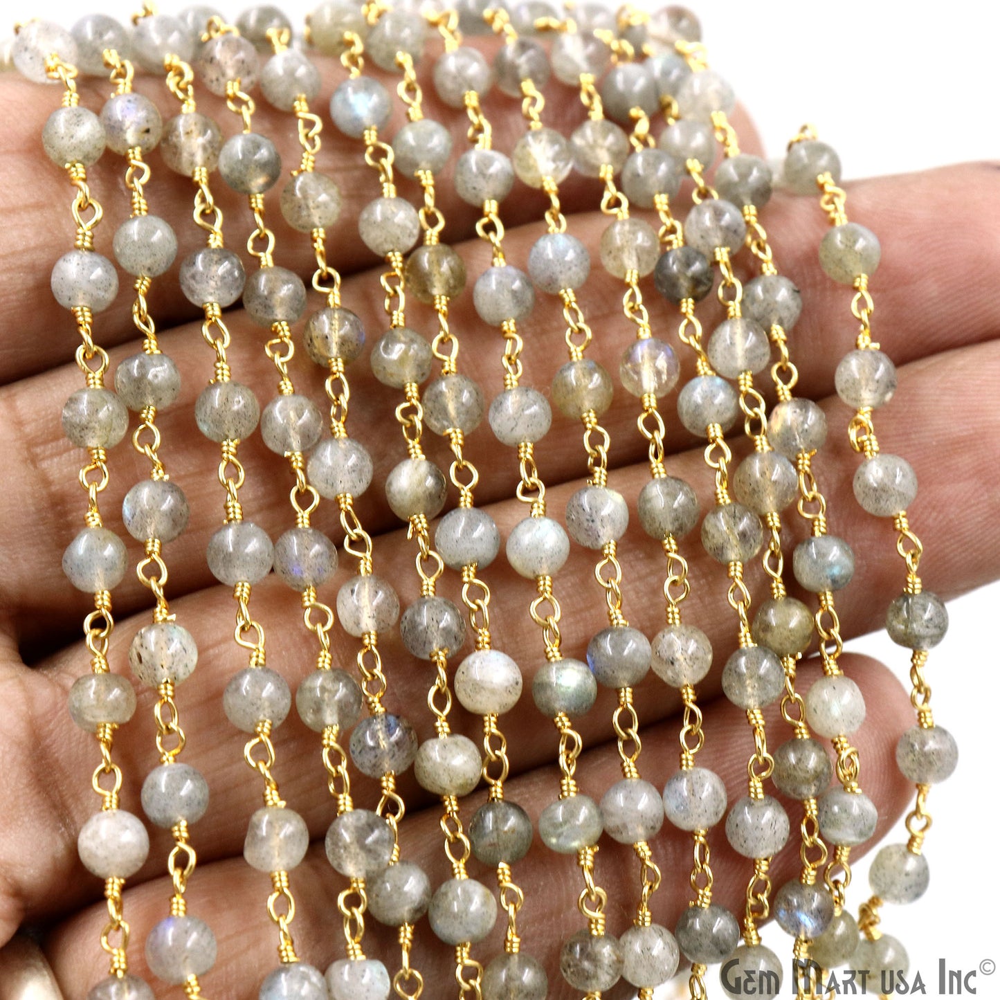 Labradorite Cabochon 4-5mm Gold Wire Wrapped Rosary Chain