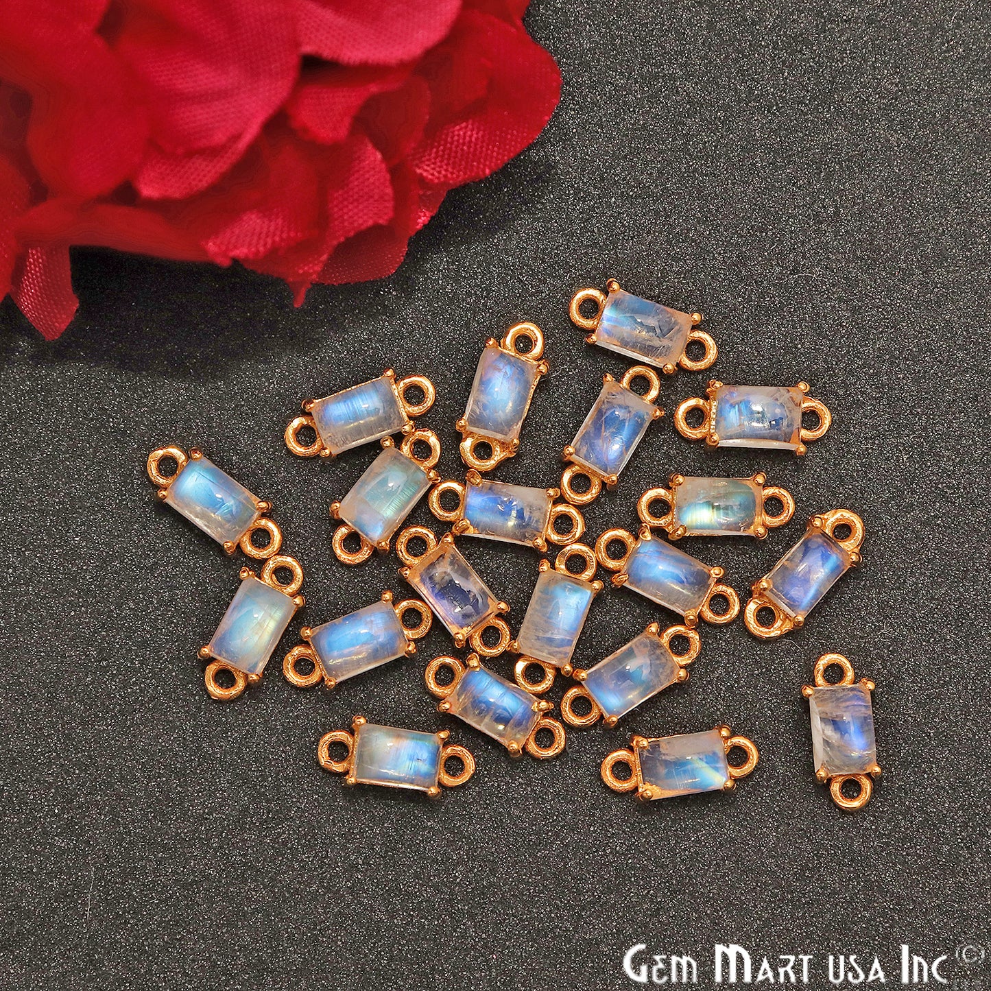 Rainbow Moonstone Cabochon Rectangle Prong Gold Plated Bail Connector - GemMartUSA