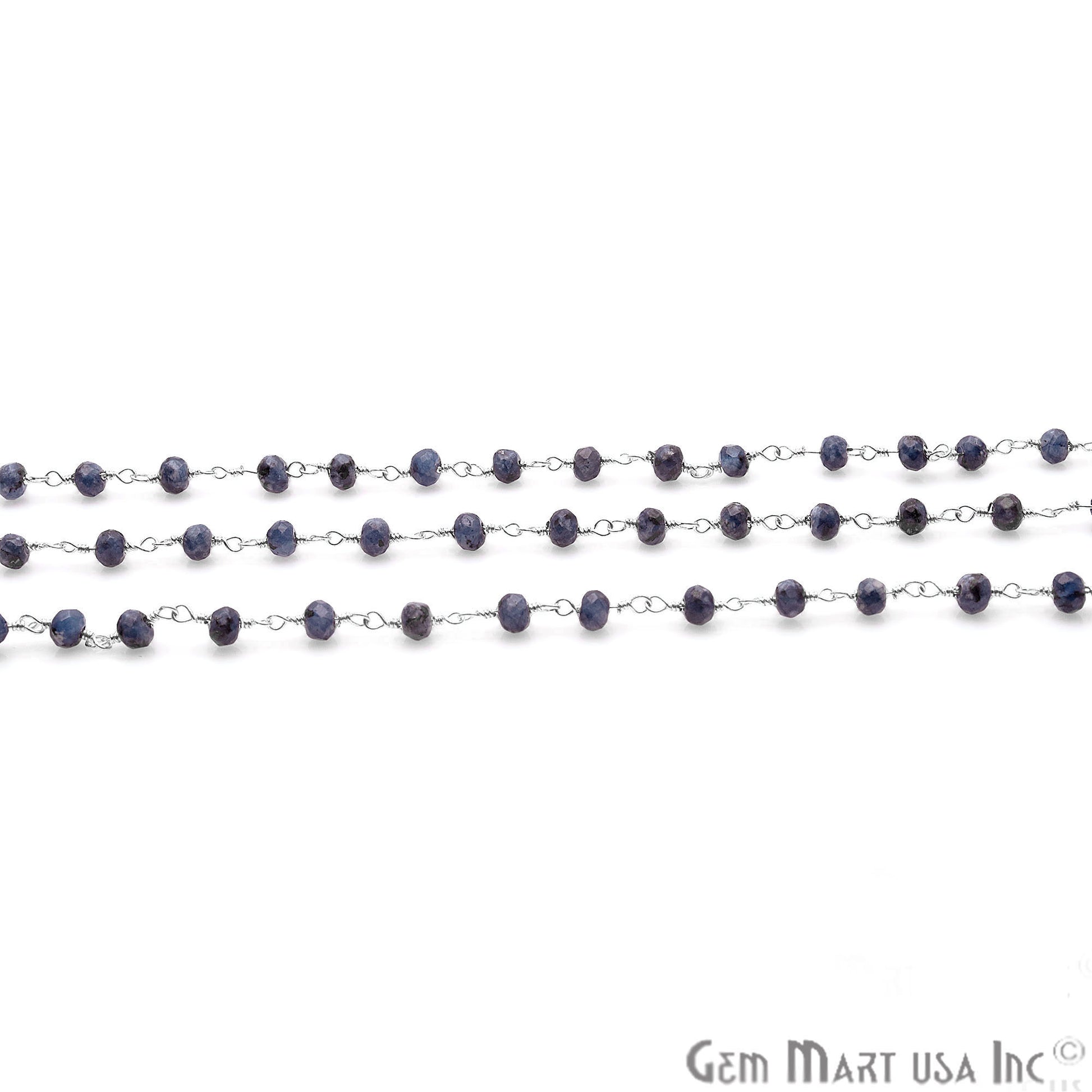 Sodalite Jade Faceted Beads 4mm Silver Plated Wire Wrapped Rosary Chain - GemMartUSA