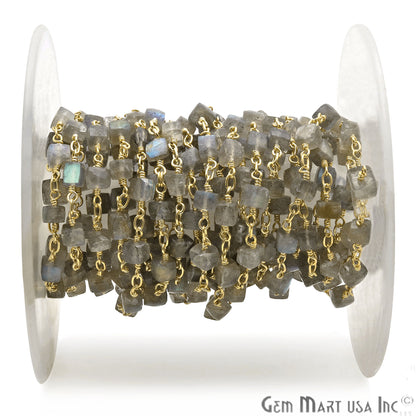 Labradorite Cube 5-6mm Gold Plated Wire Wrapped Beads Rosary Chain - GemMartUSA (763747106863)