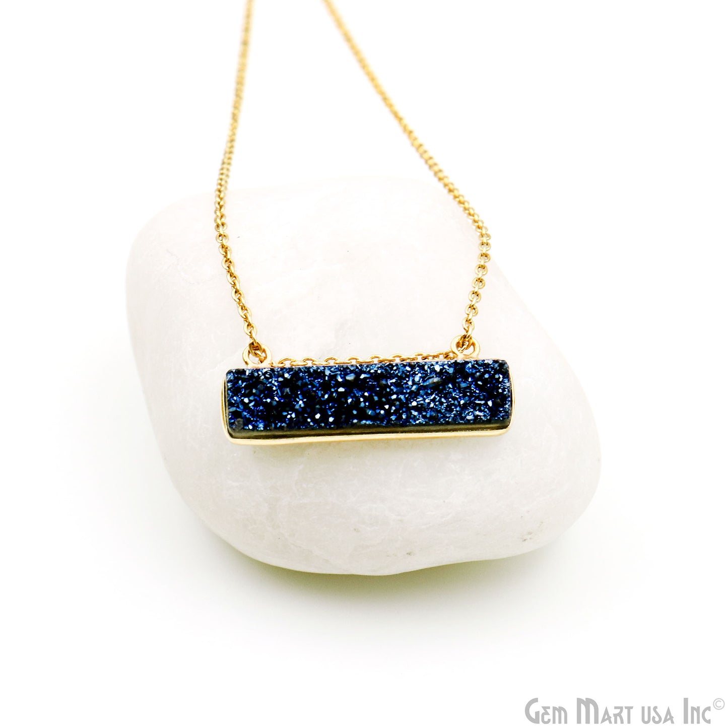 Blue Druzy Gold Plated 30x11mm Rectangle Shape Double Bail Bar Pendant