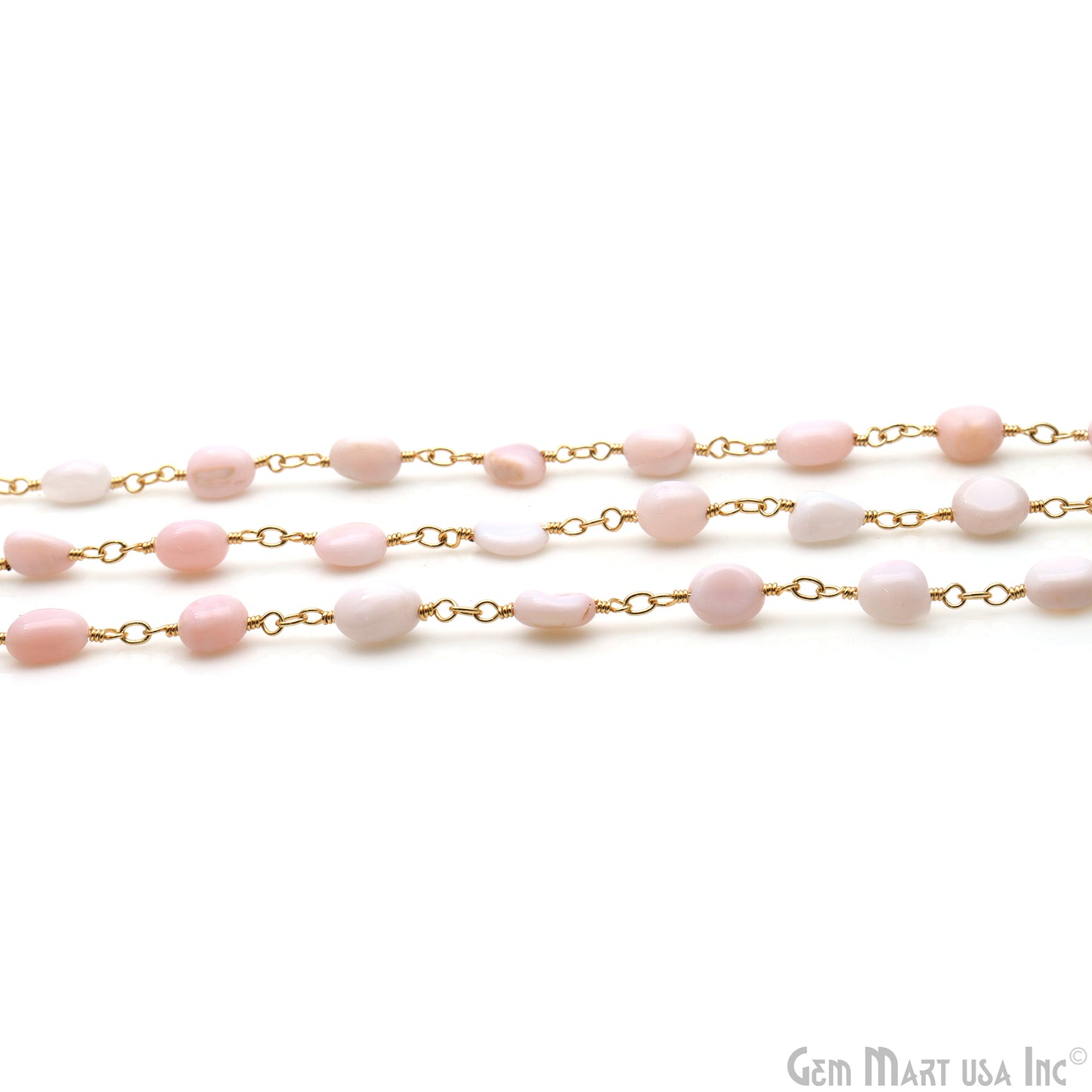 Pink Opal Tumble Beads 8x5mm Gold Wire Wrapped Rosary Chain