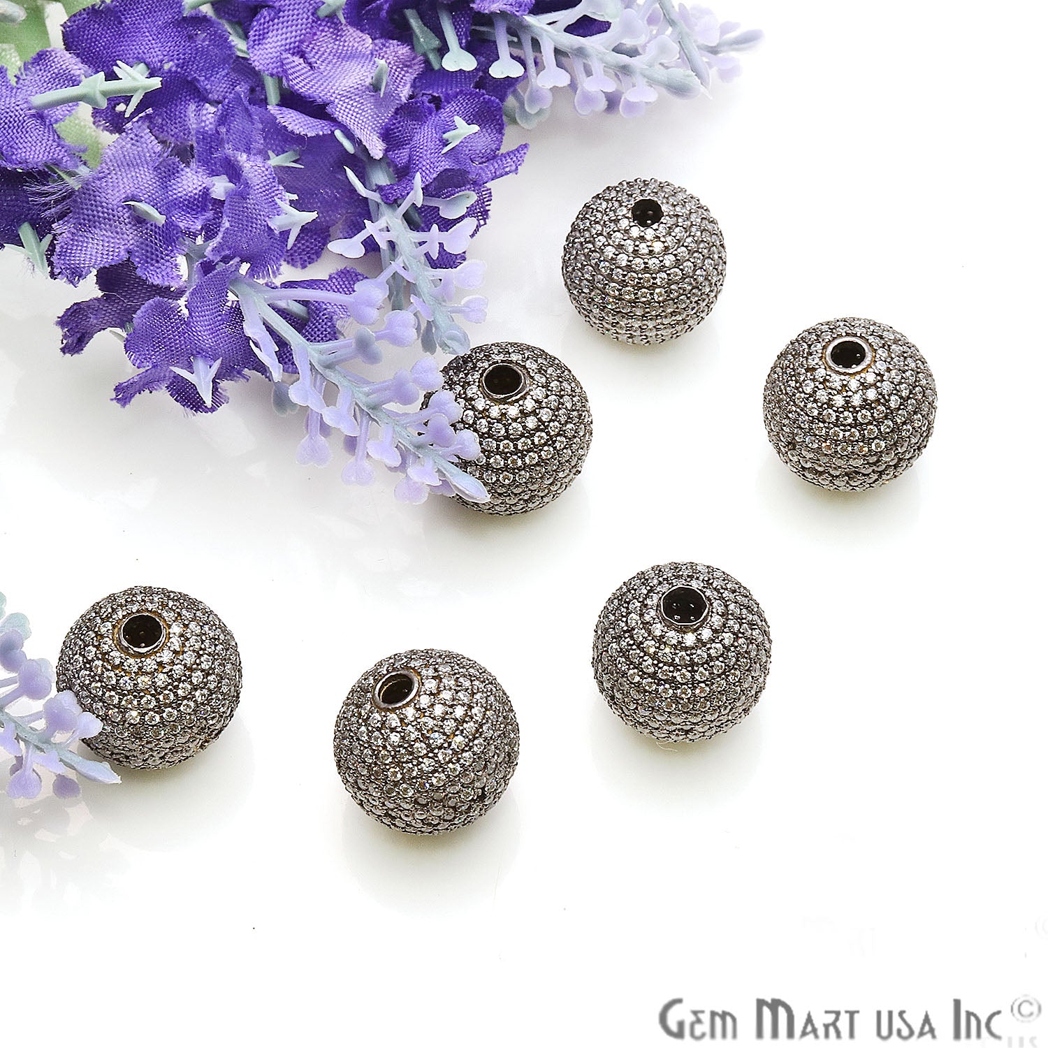 Cubic Zircon Round Beads Ball Silver Charm For Bracelet & Pendants - GemMartUSA