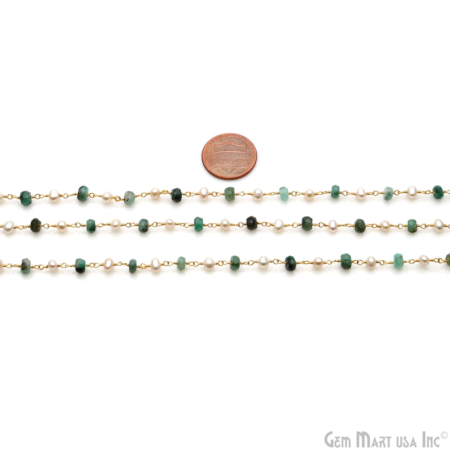 Emerald & Pearl 4-5mm Gold Wire Wrapped Rosary Chain