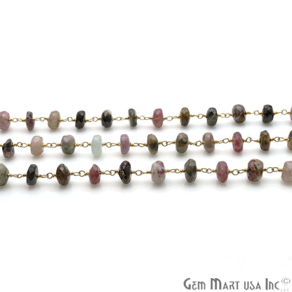 Multi Tourmaline 7-8mm Gold Plated Wire Wrapped Rondelle Rosary Chain - GemMartUSA