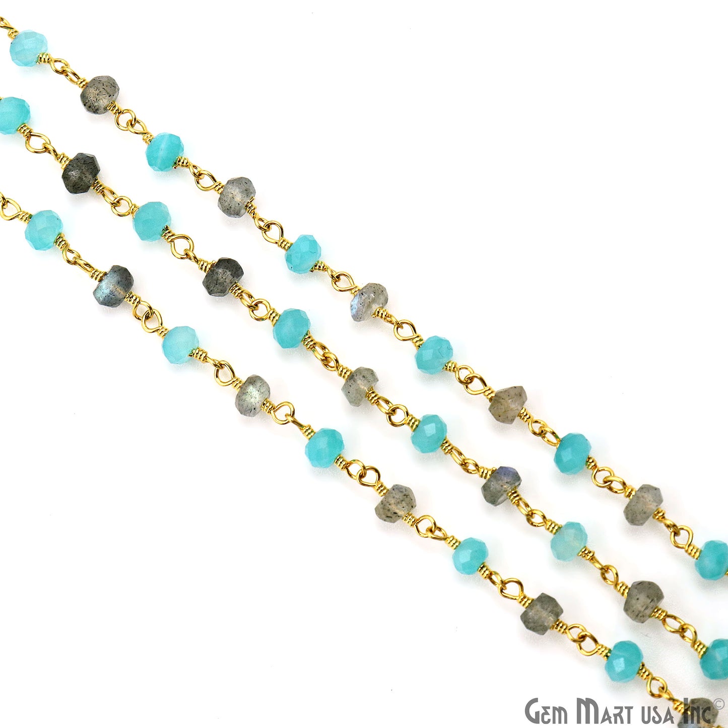 Aqua Chalcedony & Labradorite Faceted Beads 3-3.5mm Gold Plated Gemstone Rosary Chain