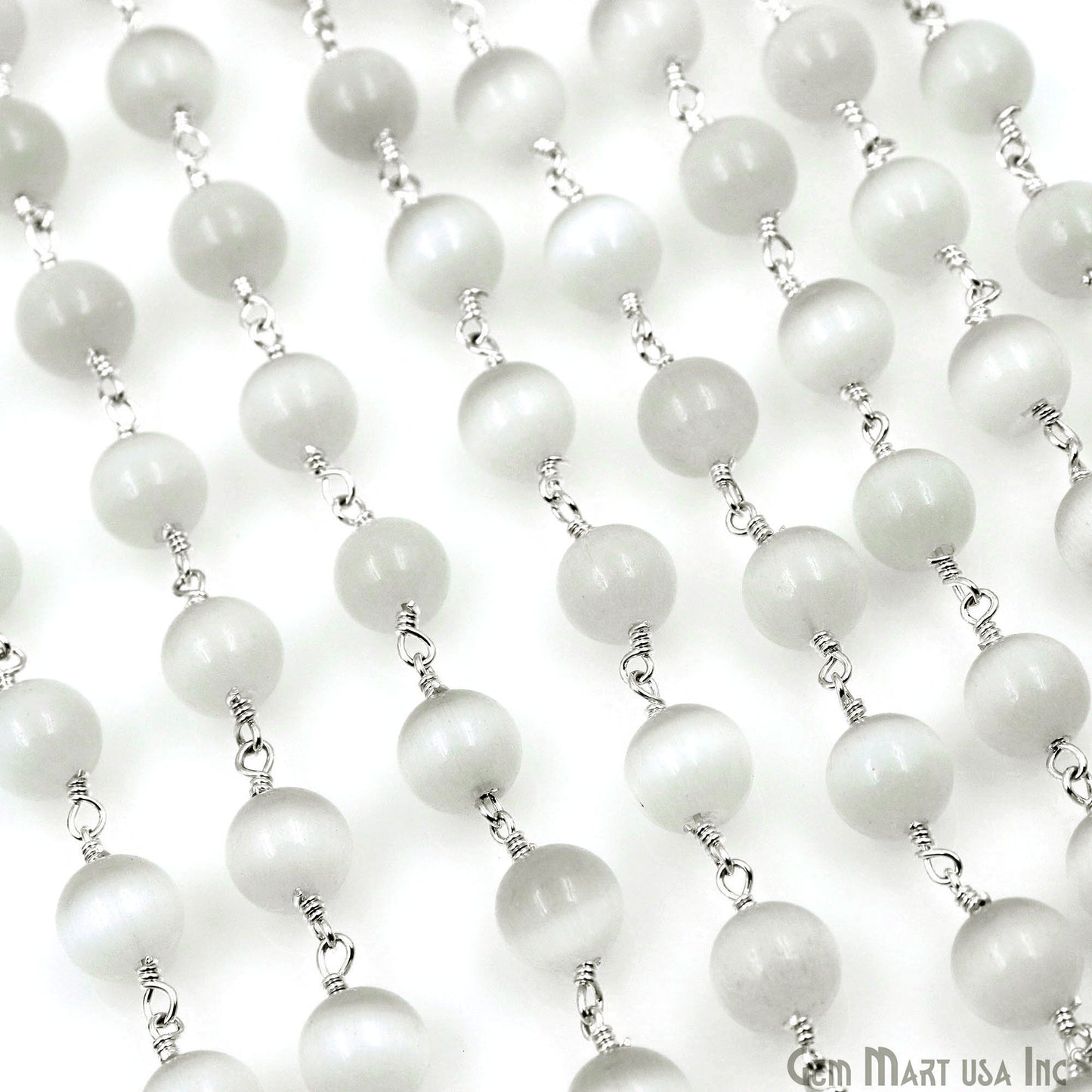 White Monalisa Smooth Beads 8mm Silver Plated Wire Wrapped Rosary Chain