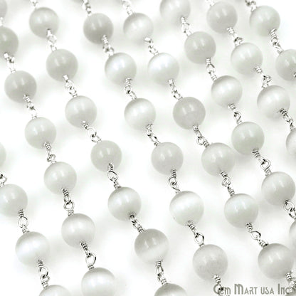 White Monalisa Smooth Beads 8mm Silver Plated Wire Wrapped Rosary Chain