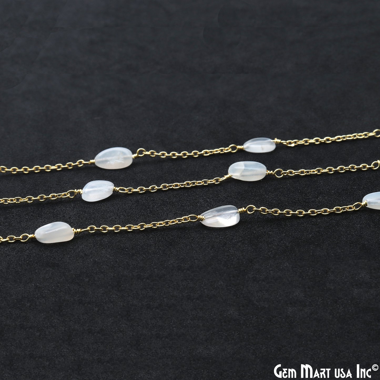 White Chalcedony Tumble Beads 10x6mm Gold Wire Wrapped Rosary Chain