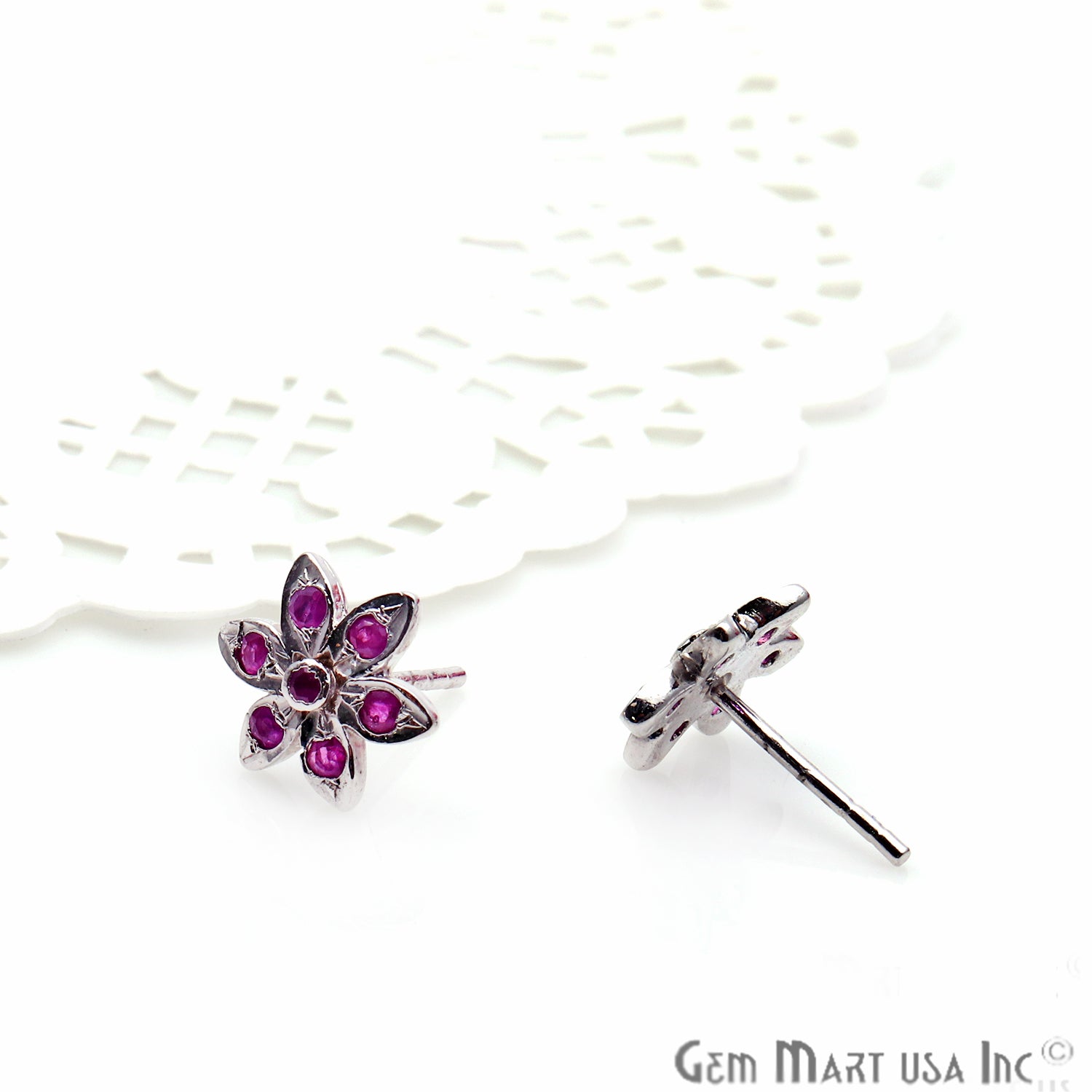 Ruby 9mm Sterling Silver Flower Shape Stud Earring - GemMartUSA