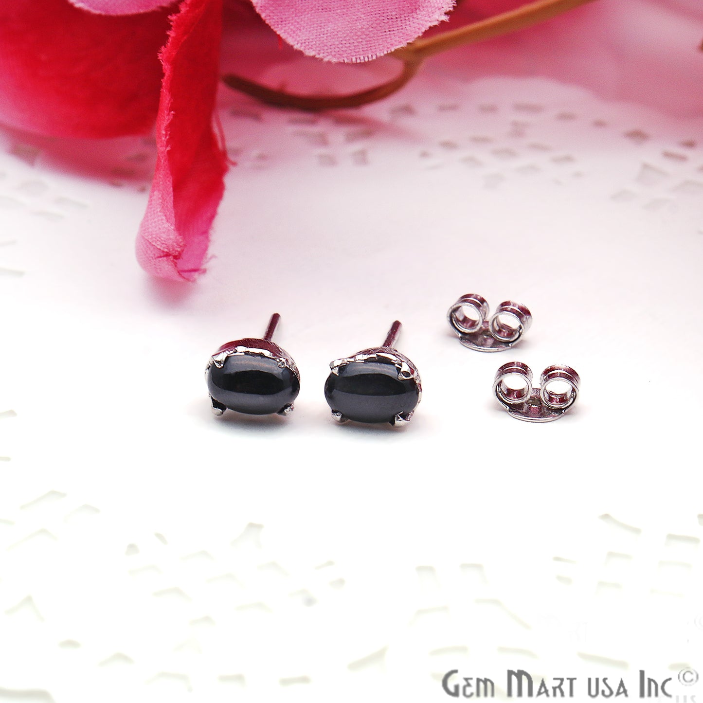 Black Sapphire 6x4mm Sterling Silver Oval Shape Prong Setting Stud Earring - GemMartUSA