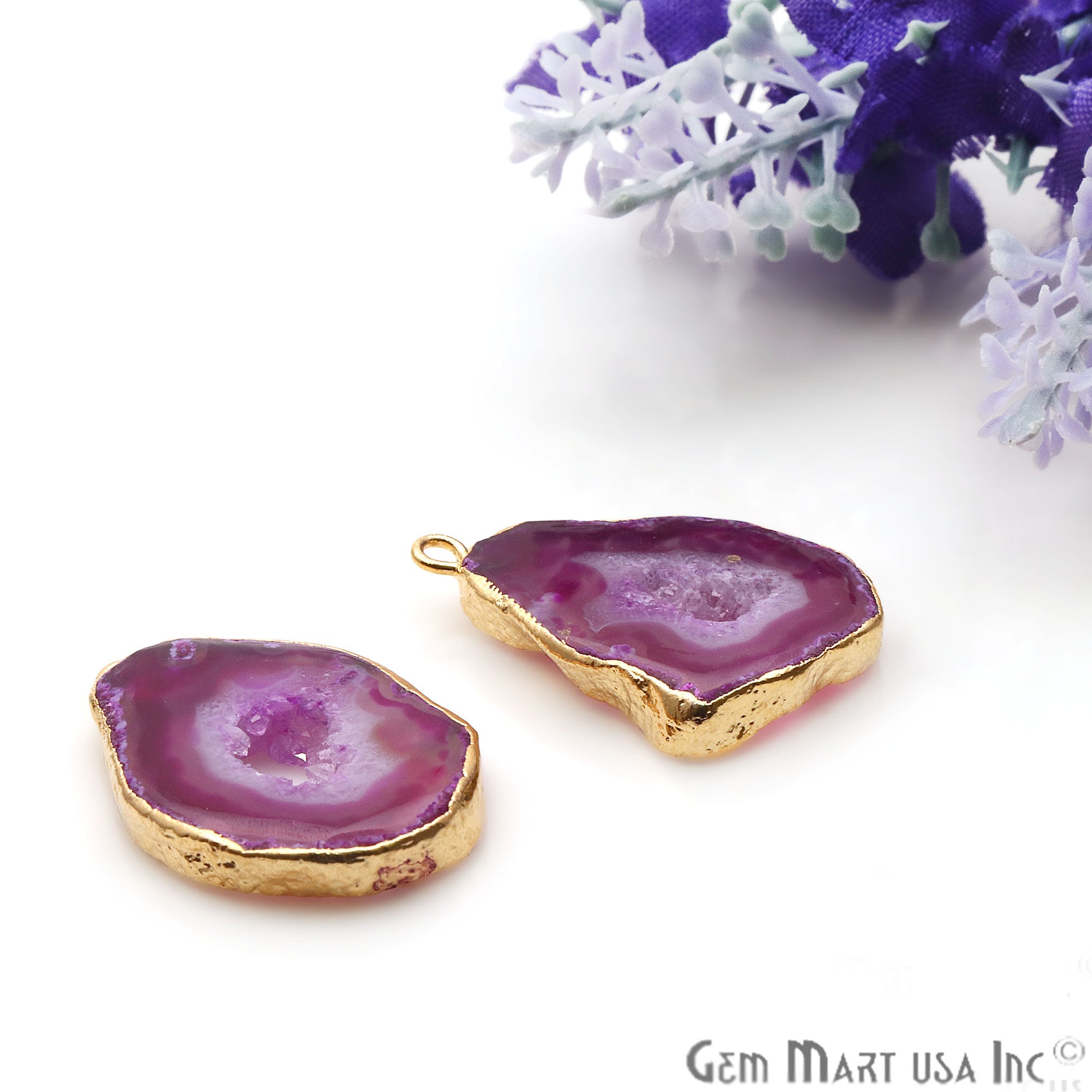 Agate Slice 26x16mm Organic Gold Electroplated Gemstone Earring Connector 1 Pair - GemMartUSA