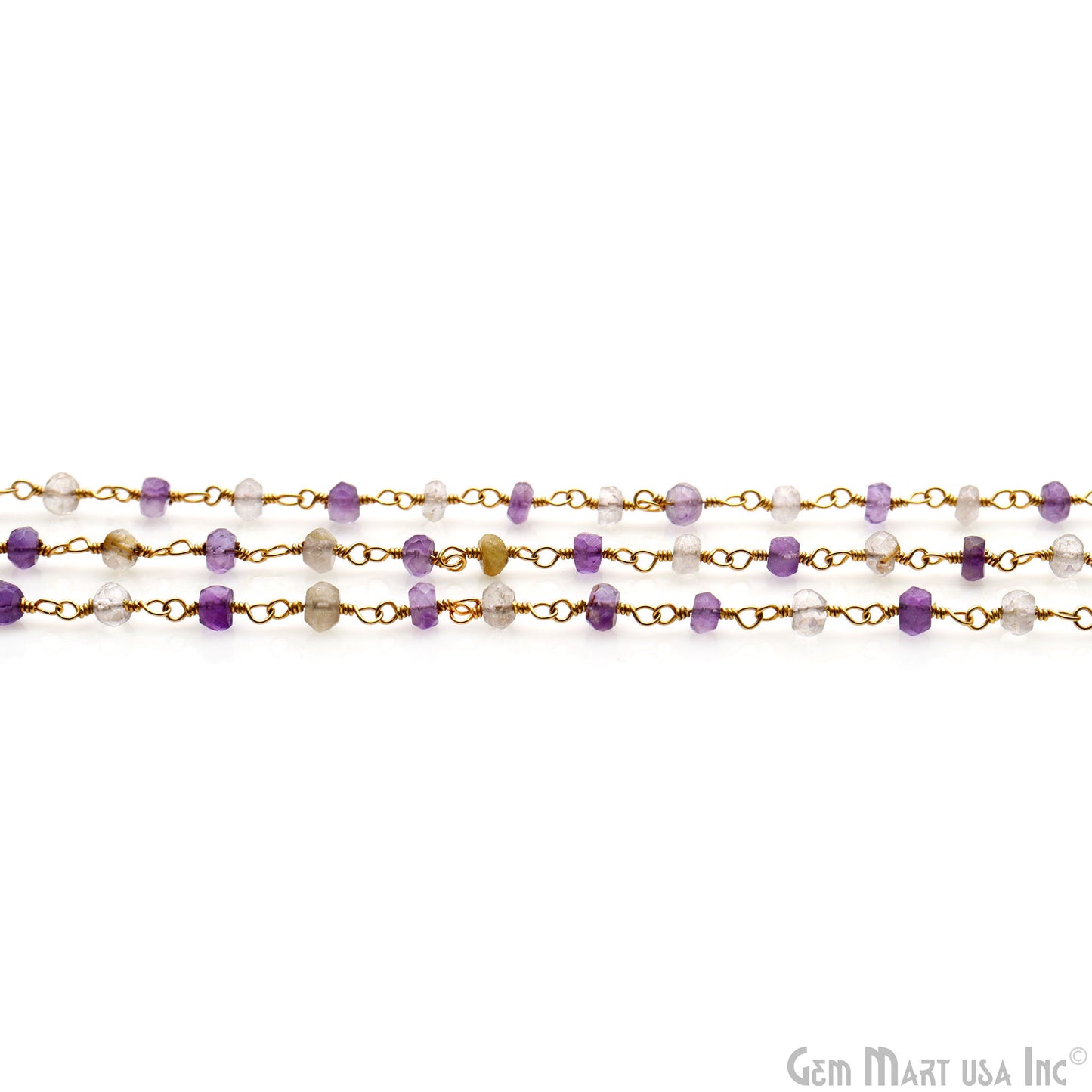 Amethyst & Golden Rutile Beads 3-3.5mm Gold Plated Wire Wrapped Rosary Chain