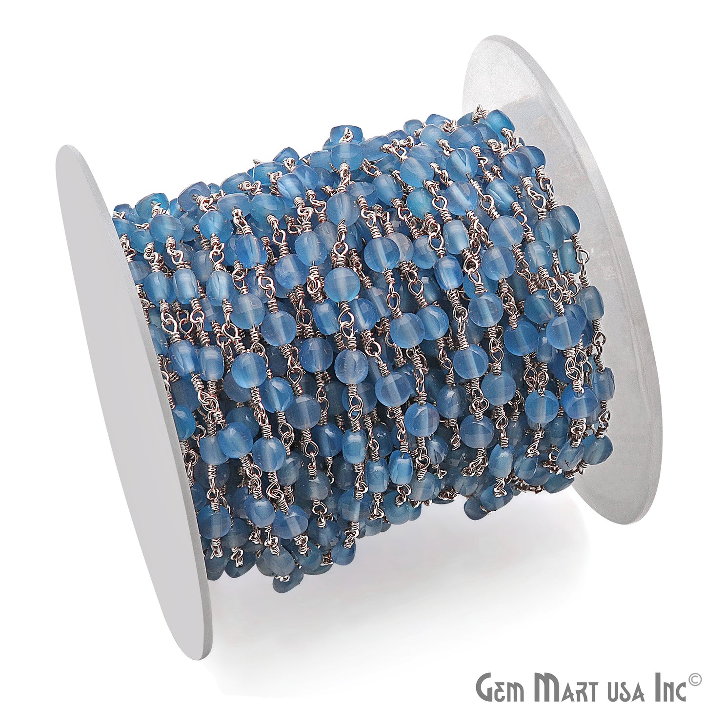 Sky Blue Chalcedony Faceted 3-4mm Silver Wire Wrapped Rosary Chain - GemMartUSA