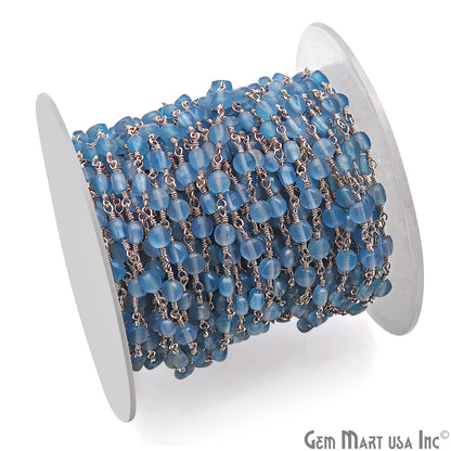 Sky Blue Chalcedony Faceted 3-4mm Silver Wire Wrapped Rosary Chain - GemMartUSA