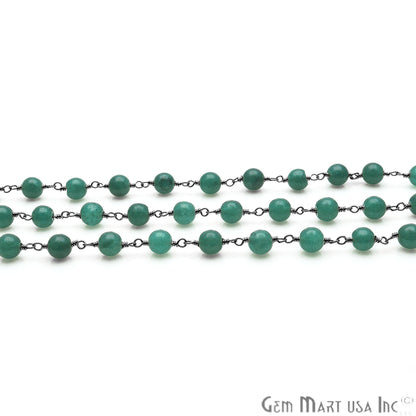 Green Jade Smooth Beads 6mm Oxidized Wire Wrapped Rosary Chain - GemMartUSA