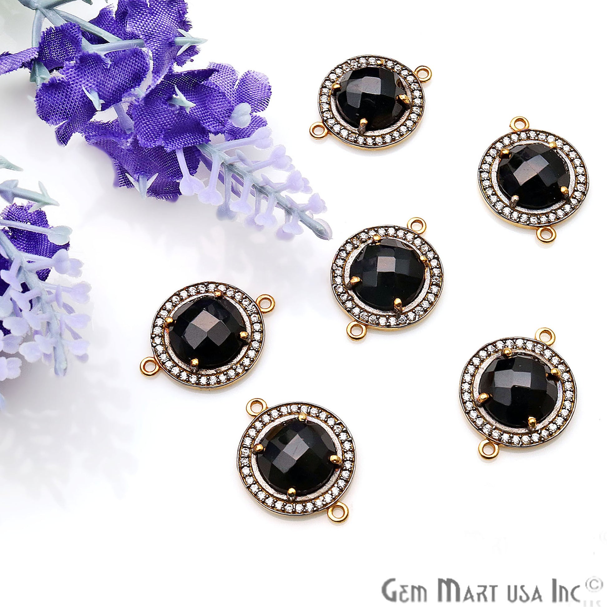 Black Onyx Round 10mm Black Pave Double Bail Gemstone Connector - GemMartUSA