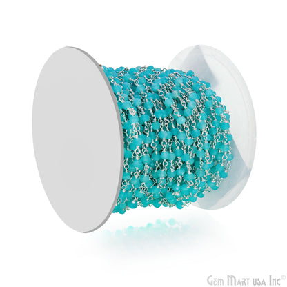 Dark Aqua Chalcedony Faceted Round 3-3.5mm Tiny Beads Silver Plated Wire Wrapped Rosary Chain