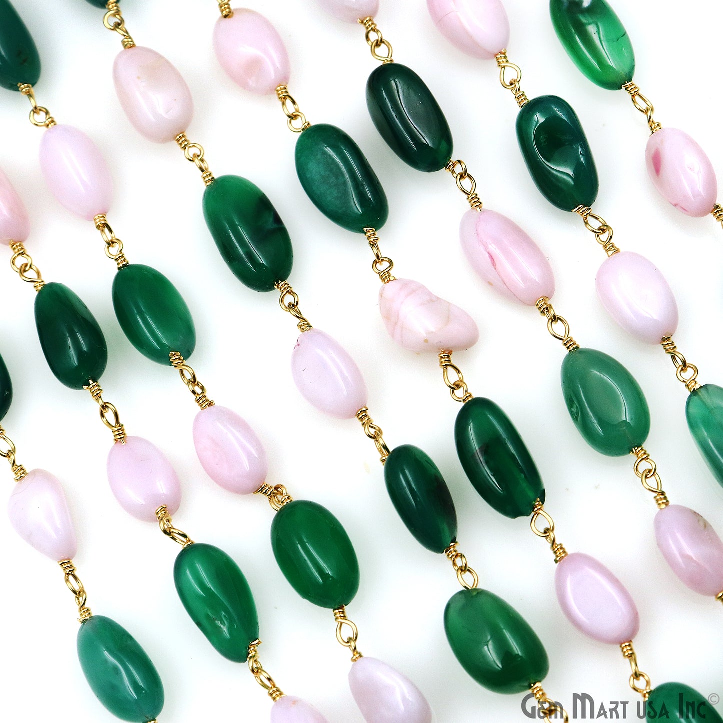 Green Onyx & Pink Opal 12x5mm Tumble Beads Gold Plated Rosary Chain