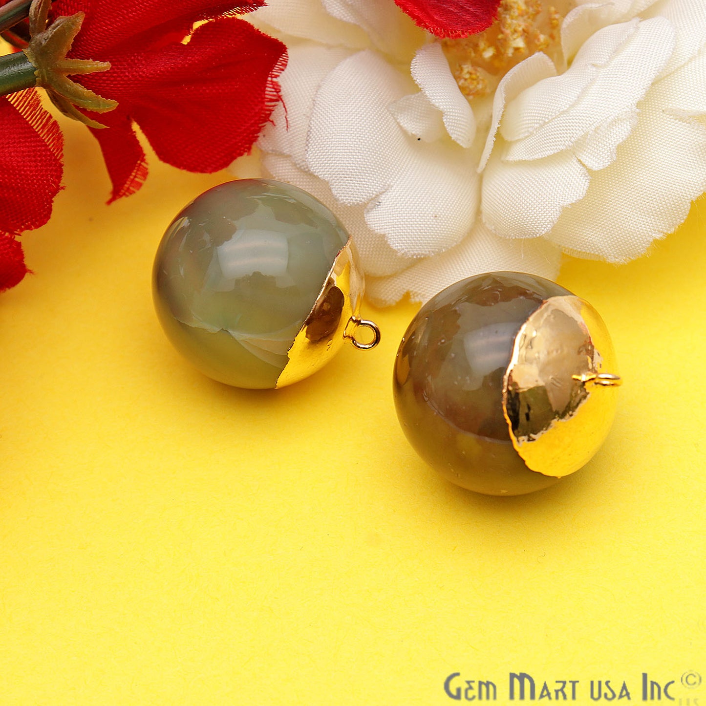 Gemstone Ball 21x24mm Gold Electroplated Single Bail Charm Ball Connector - GemMartUSA