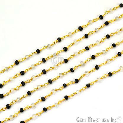 Black Spinel With Crystal Gold Plated Wire Wrapped Beads Rosary Chain