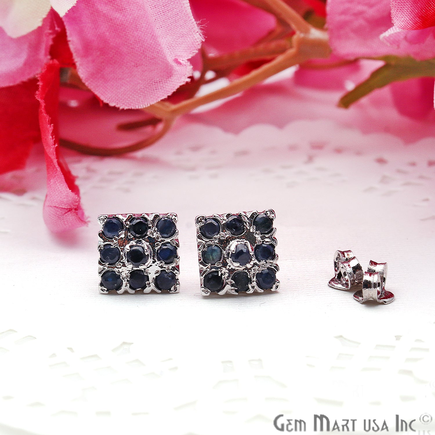 Black Sapphire 10mm Sterling Silver Square Shape Stud Earring - GemMartUSA