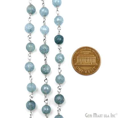 Gray Jade 6mm Faceted Beads Silver Wire Wrapped Rosary Chain