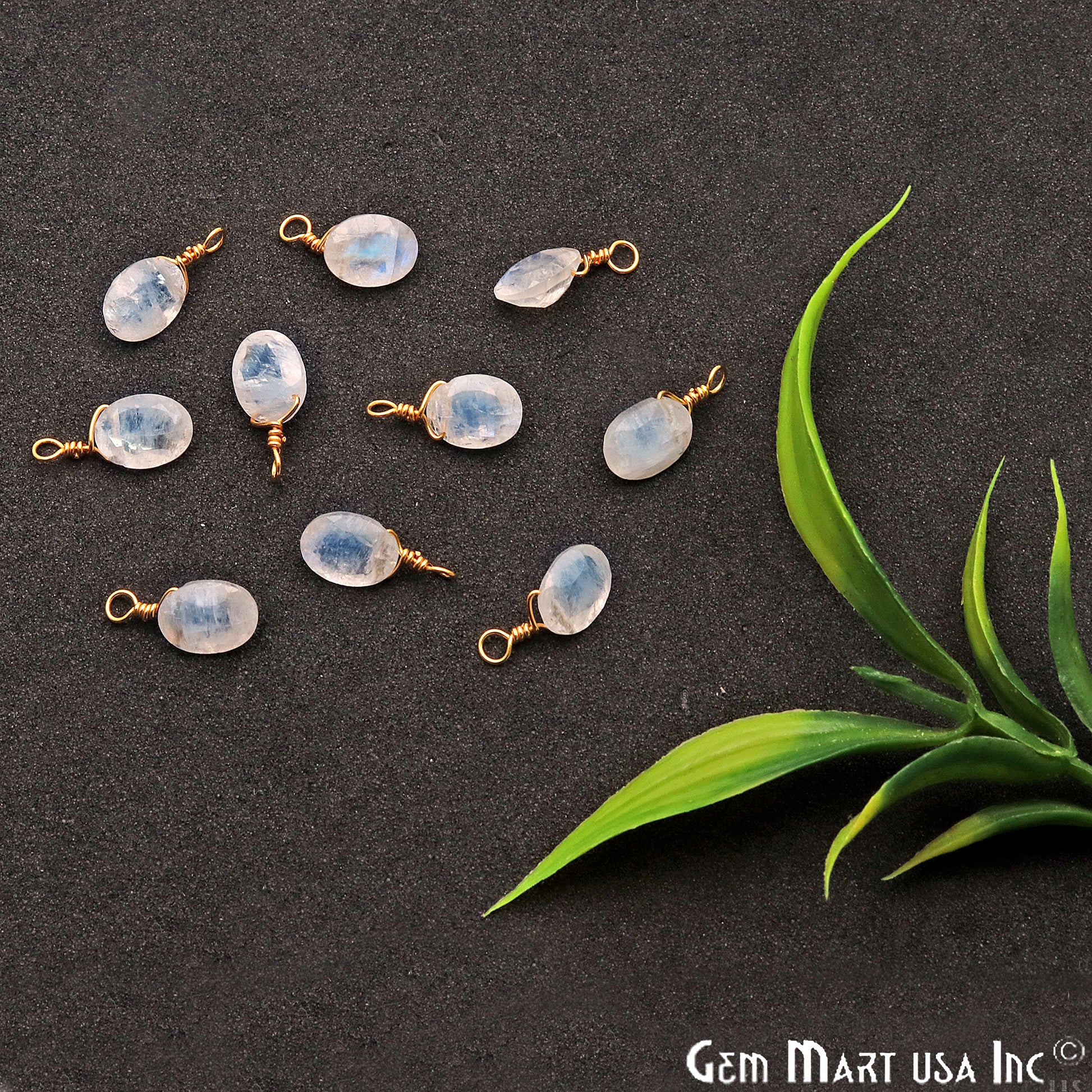 Rainbow Moonstone 6x8mm Oval Single Bail Gold Wire Wrapped Gemstone Connector - GemMartUSA