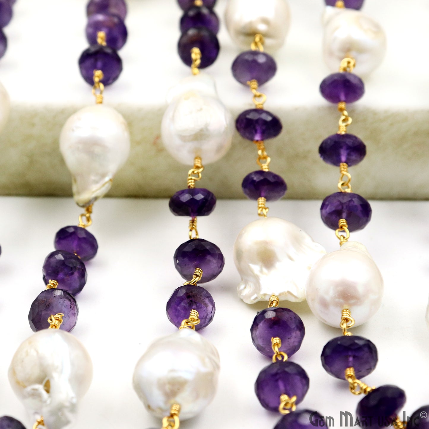 Amethyst 8-9mm & Pearl 17x12mm Beads Gold Plated Rosary Chain