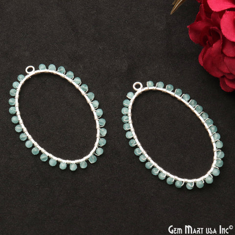 Aqua Chalcedony Oval Shape 52x35mm Silver Triple Wire Wrapped Beads Hoop Connector