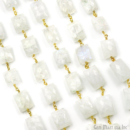 Rainbow Moonstone 7x9mm Square Shape Gold Wire Wrapped Rosary Chain