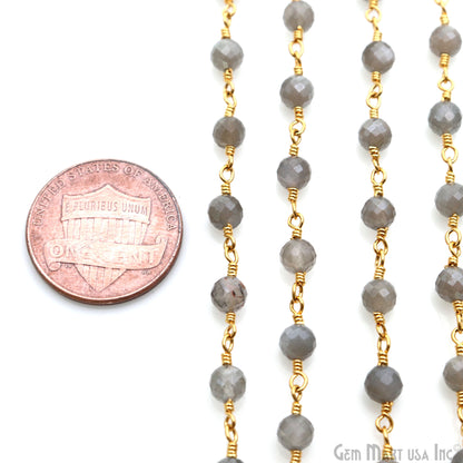 Mistique Labradorite Gemstone Faceted Beads 4mm Gold Plated Wire Wrapped Bead Rosary Chain