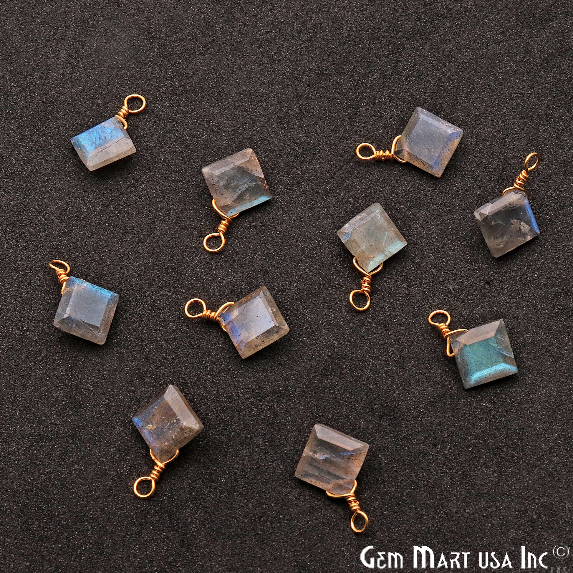 Labradorite 7mm Square Single Bail Gold Wire Wrapped Gemstone Connector - GemMartUSA