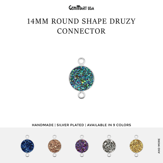 Natural Titanium Druzy 14mm Round Silver Double Bail Gemstone Connector