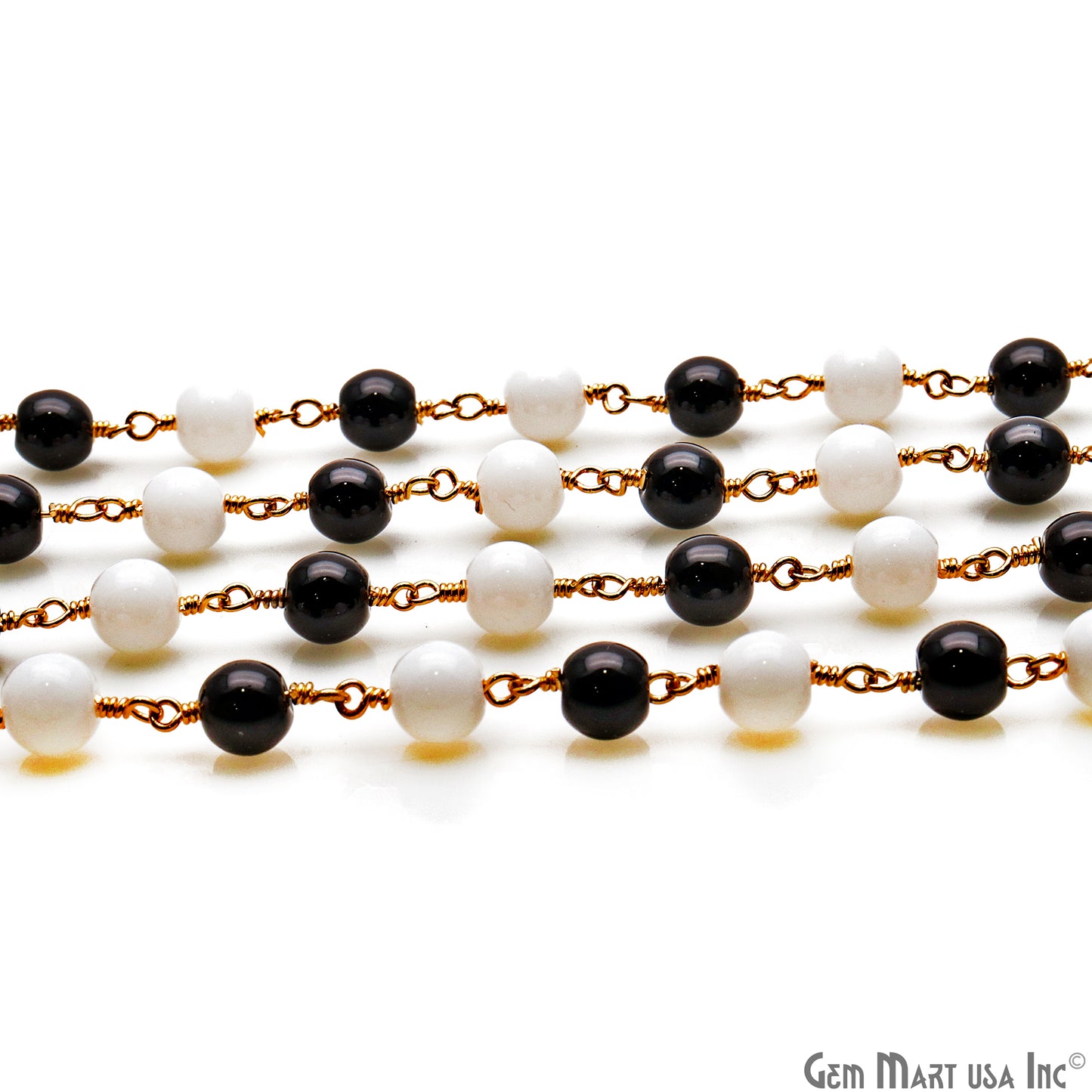 Black Spinel & White Agate Cabochon Beads 6mm Gold Wire Wrapped Rosary Chain - GemMartUSA