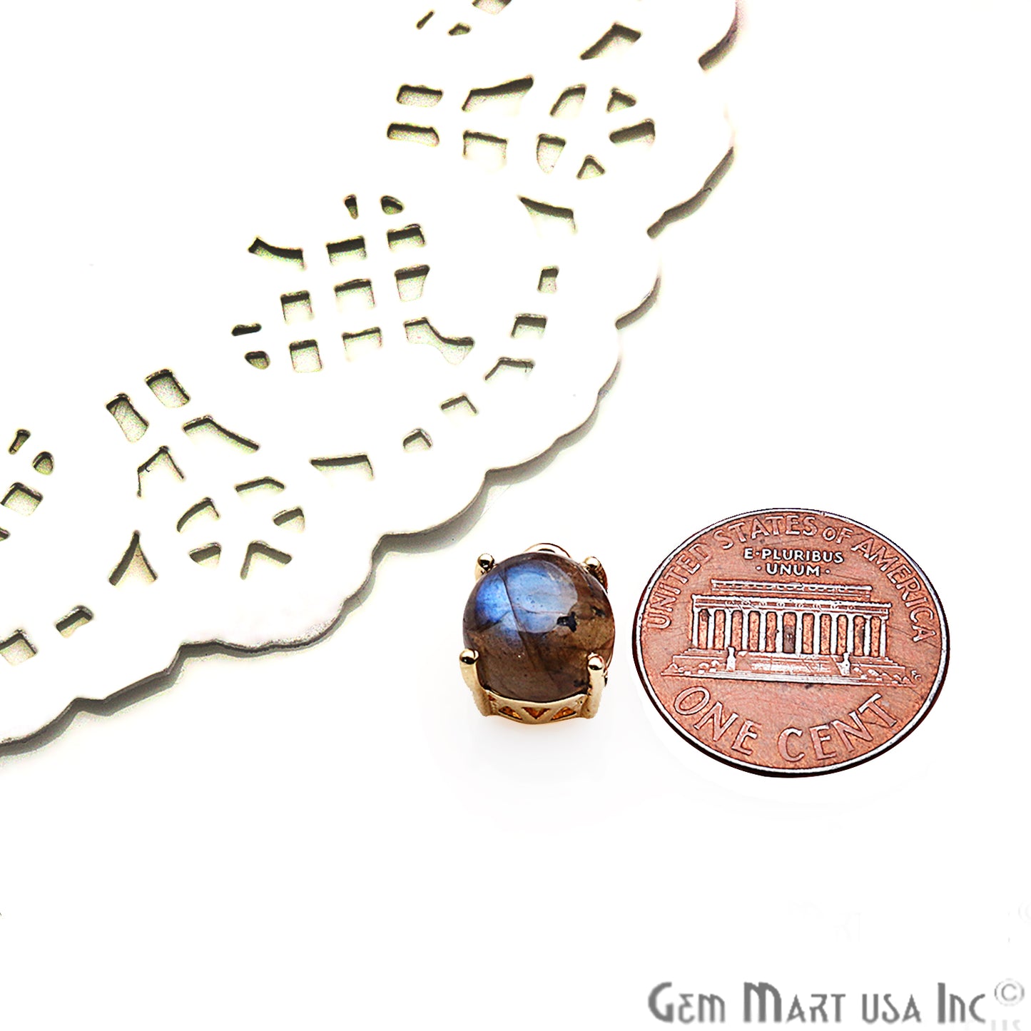 Labradorite 12x8mm Round Gold Plated Prong Setting Cabochon Connector - GemMartUSA