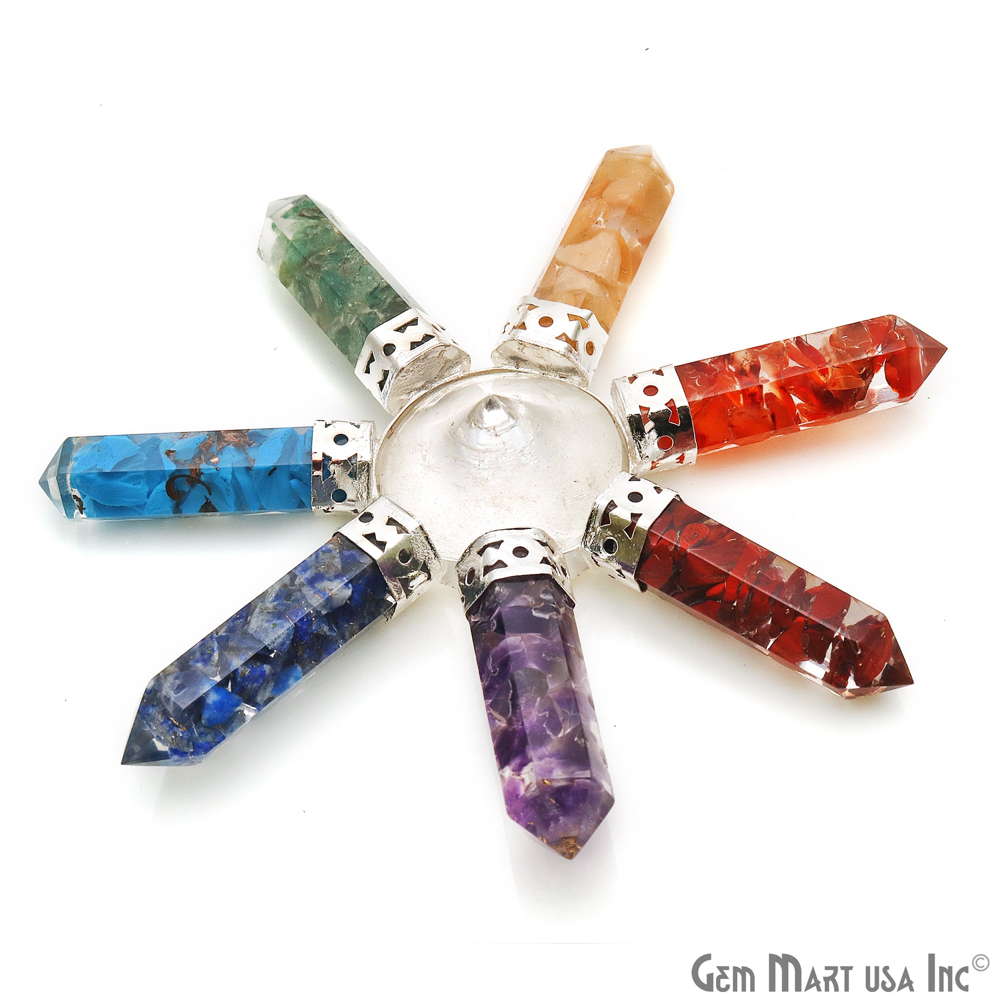 Crystal Pyramid, Seven Chakra pencil pendants, Silver Plated Filigree, Seven Chakra Stones, Home Decor, Healing Crystals 3INCH - GemmartUSA